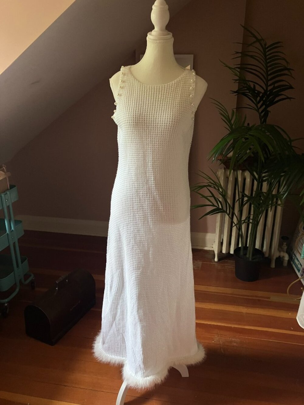 White loose cable knit fur trimmed maxi dress long sundress cover up summer - Picture 9 of 11